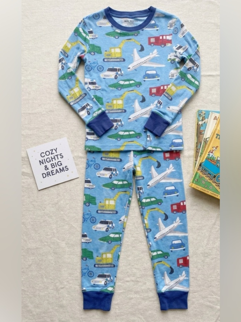 Mini Boden Light Blue pajamas with Vehicle & Airplane Print